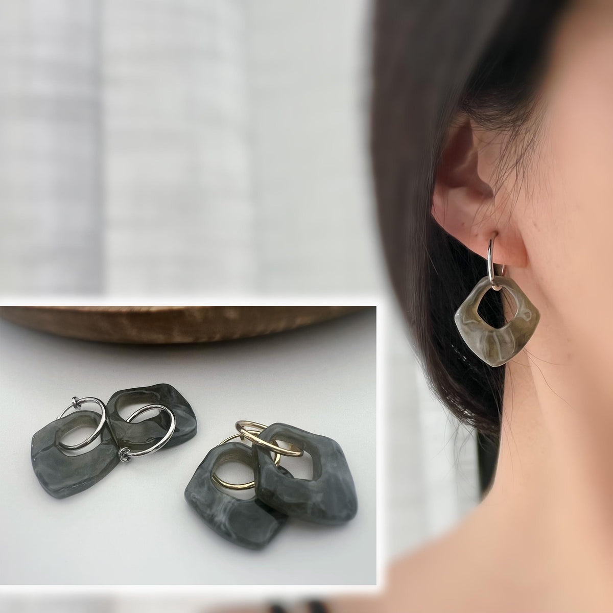 2 EN 1, Clips d'oreilles Anneaux Grand cercle Acétate Gris foncé. Créoles Clips 18mm Argent / Or. CLIPS confortable Oreilles non percées.