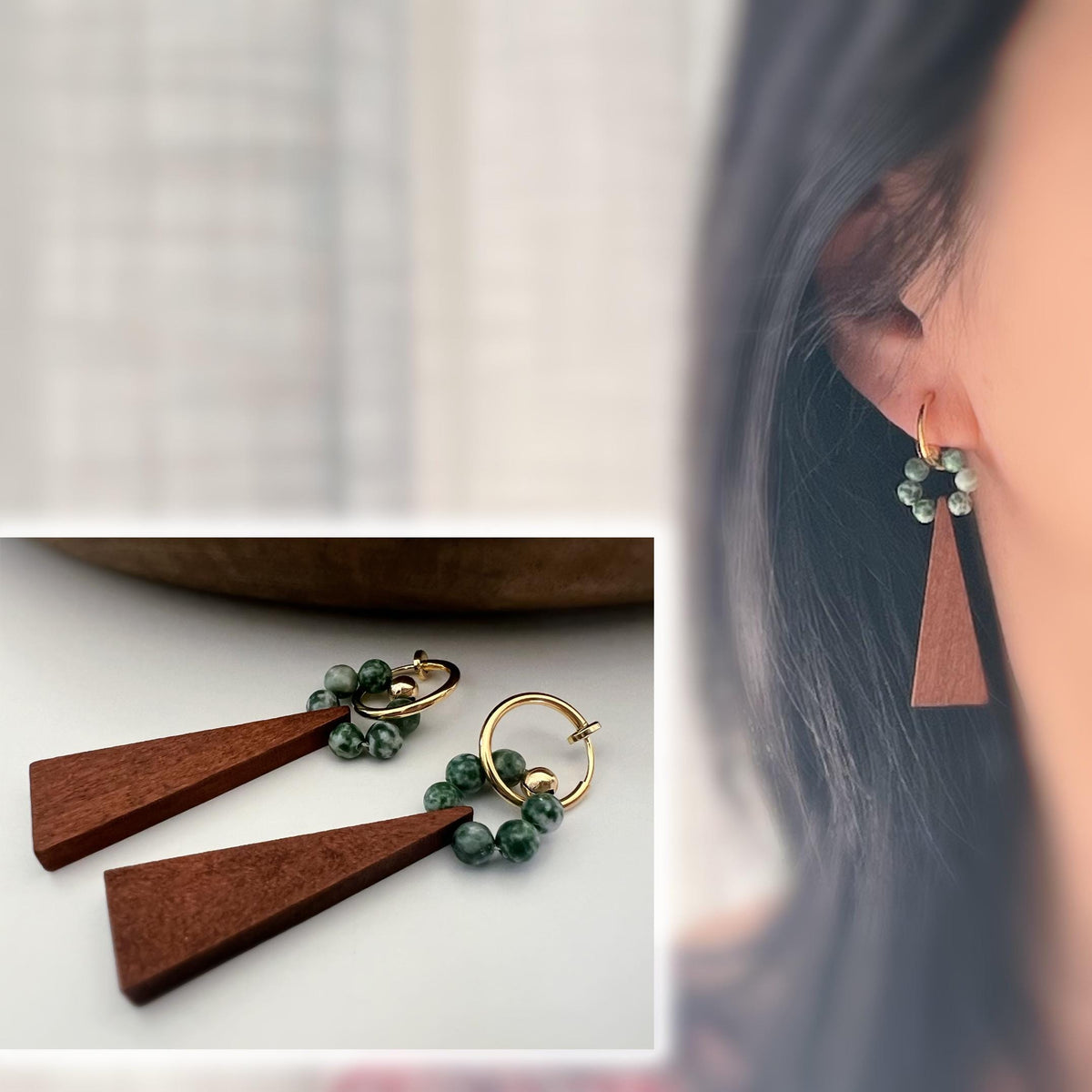 2 EN 1 Créoles Clips 15mm OR Cercle perles pierre naturelle verte Pendentif triangle en bois marron . Clips de l'hiver pour tenues chaudes.