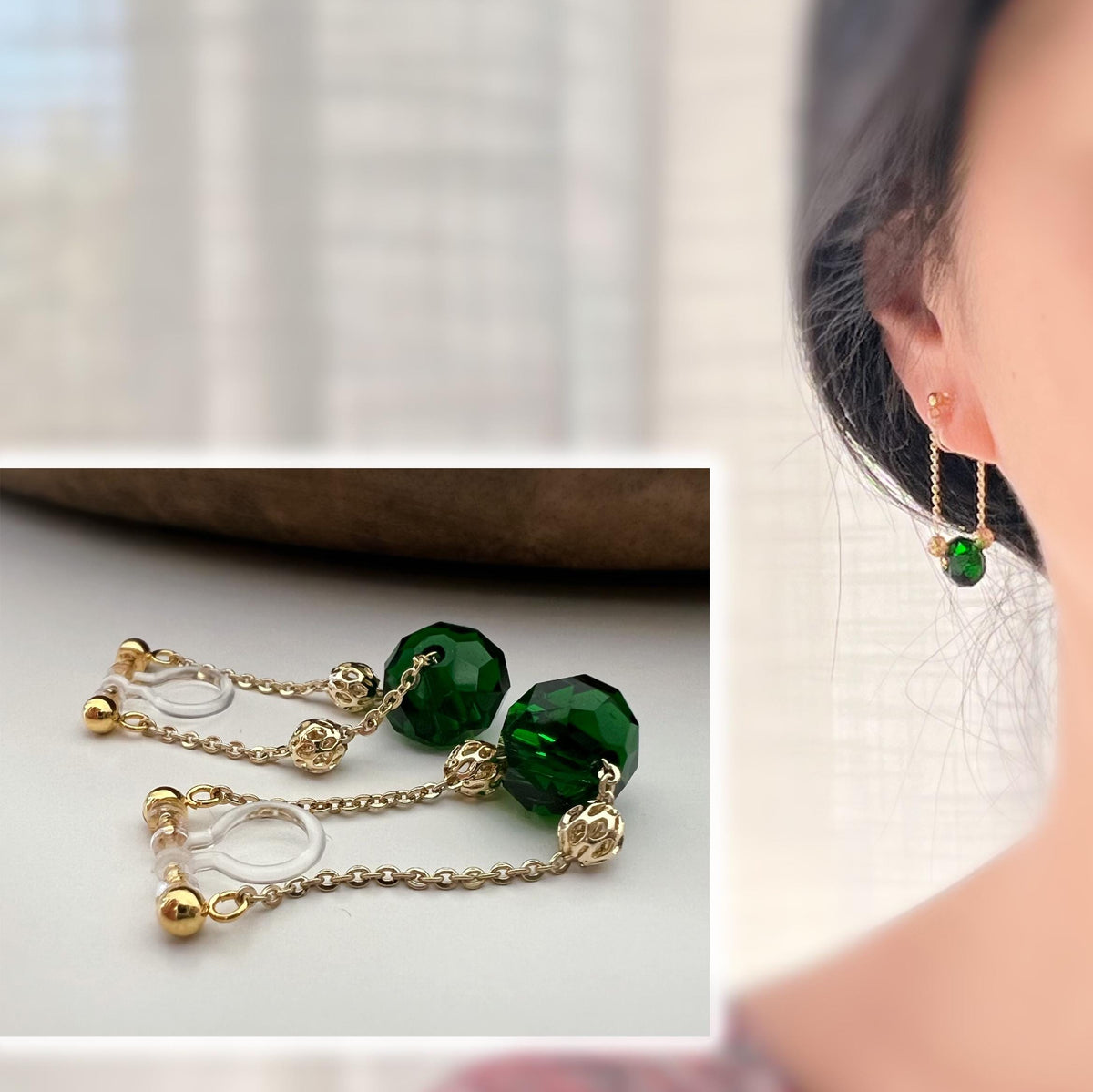 Boucles d'oreilles CLIPS INVISIBLE Chaîne plaqué d'Or Perle facette verte mini perle or creuses sculptées Clips d'oreilles non percées