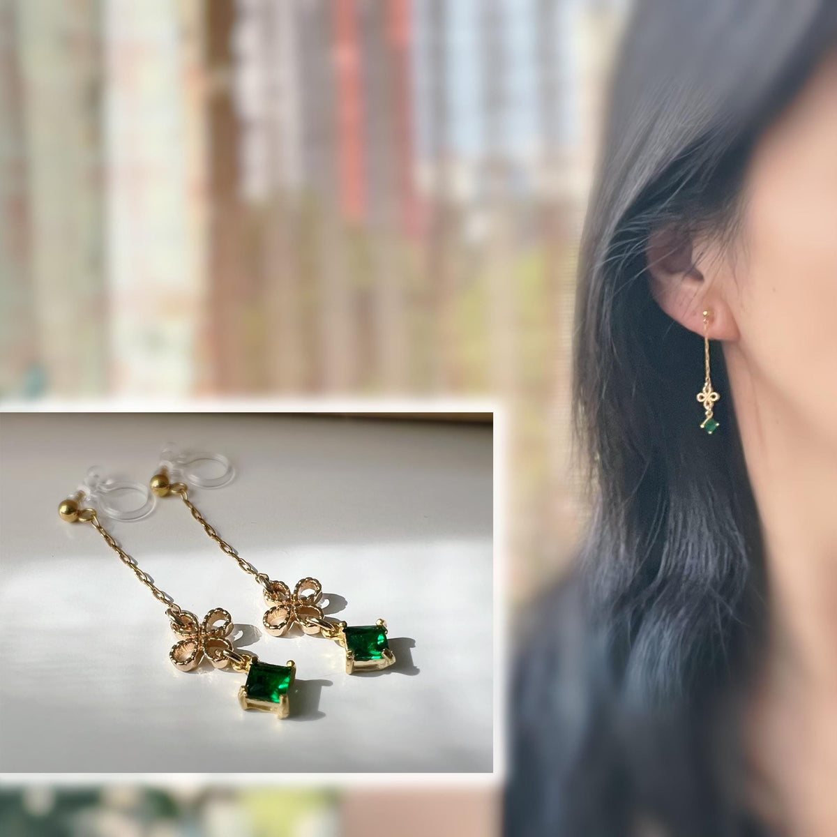 Boucles d'oreilles CLIPS INVISIBLE pendantes Chaîne Trèfle à 4 feuilles Oe petit zircon vert carré. Clips d'oreilles oreilles non percées