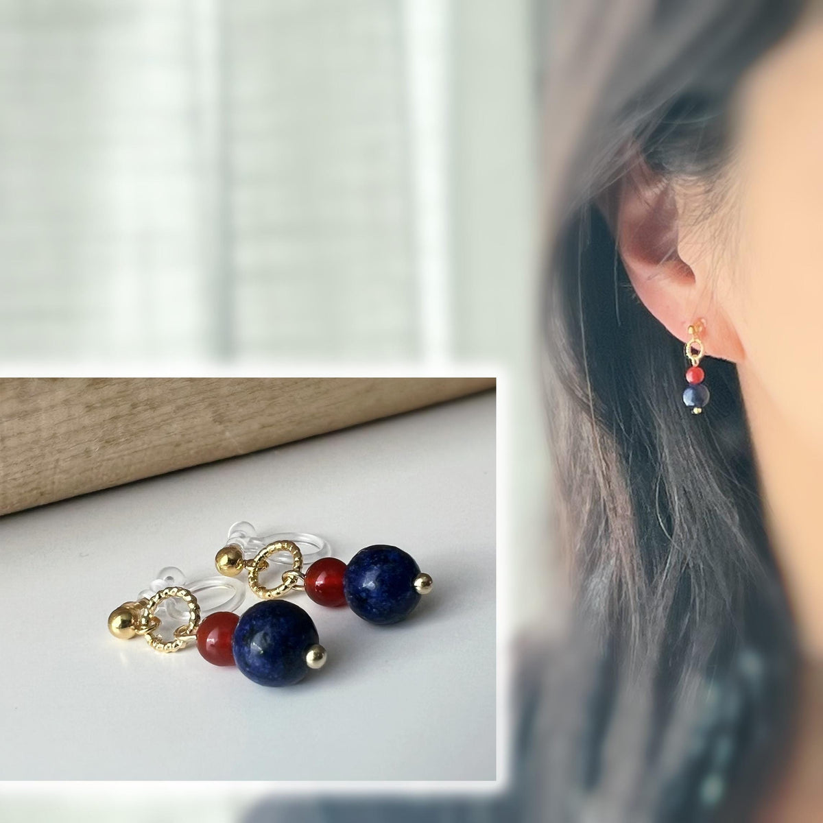 Clips d'oreilles pendants mini Cerclé couleur or petit perle agate rouge et pierre bleu . Boucles d'oreilles Clips Invisibles confortable