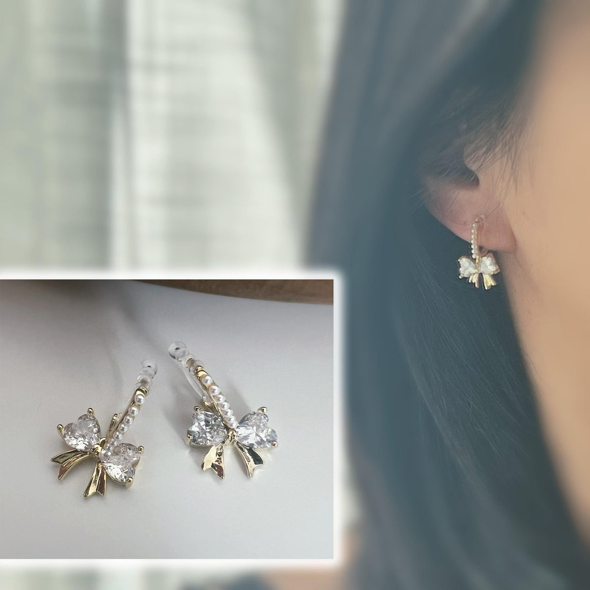Noeud papillon sweet zircon Clips Invisible couleur or Demi-créole avec mini perle blanche, Clips confortable délicat. Cadeaux Prêt à offrir