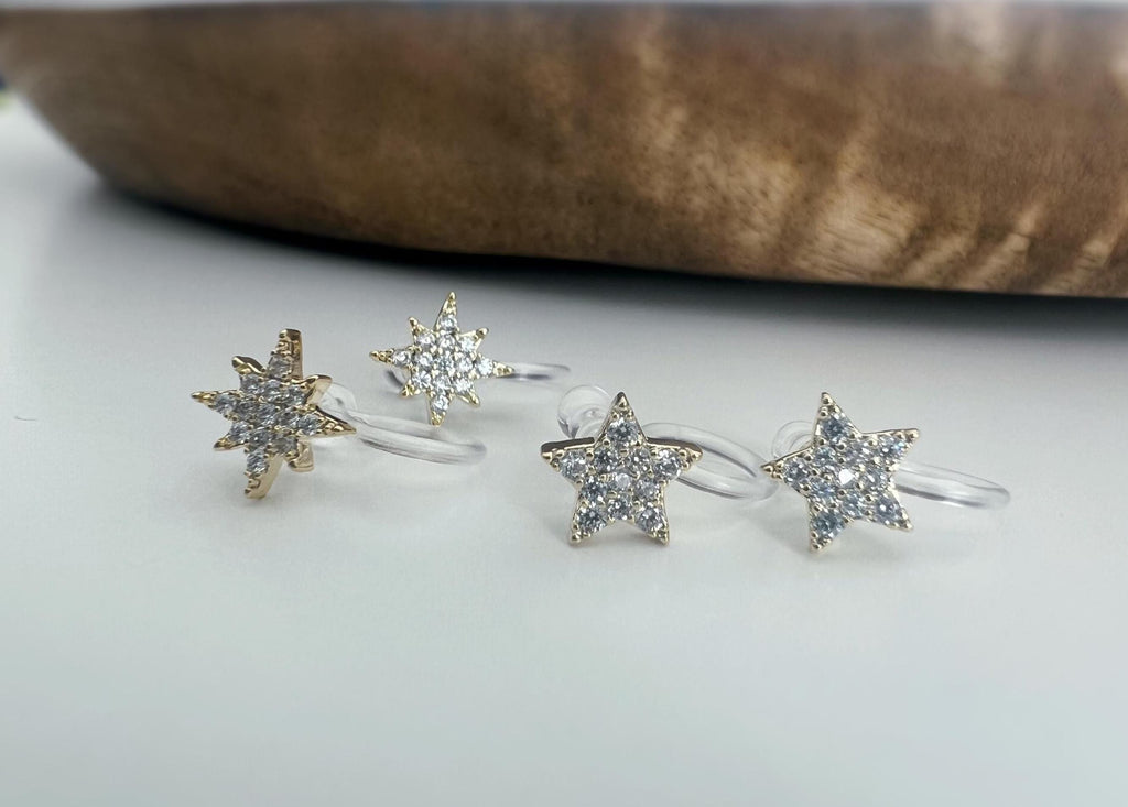 Mini étoile clips d'oreilles résine invisible. étoile or zircon Pentacle et étoile or à huit branches Boucles d'oreille clips confortable