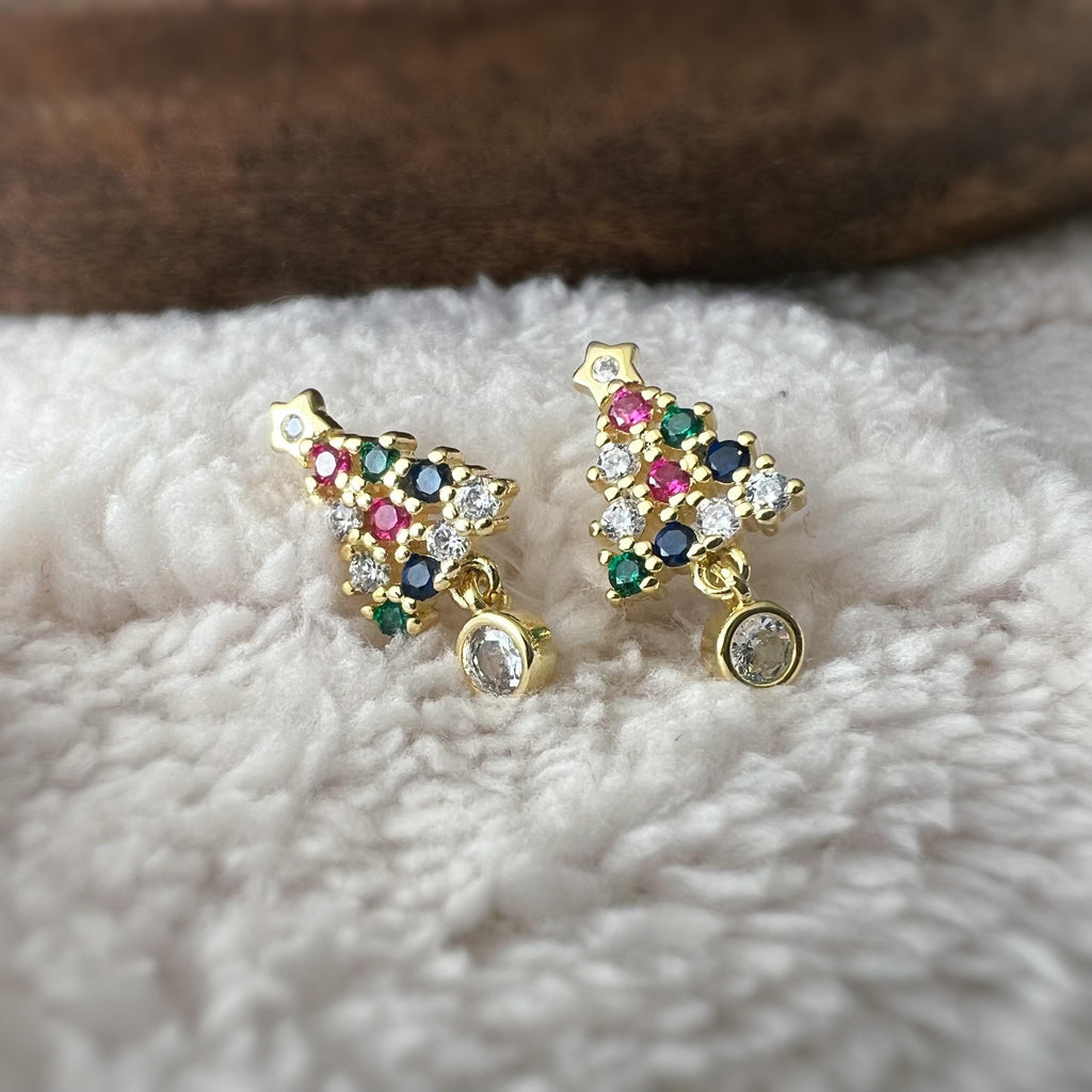 Sapin de Noël 2cm Clips Invisible Or/ Argent ornées de strass colorés rouge vert bleu Boucles d'oreilles clips Cadeaux Noël Prêt à offrir