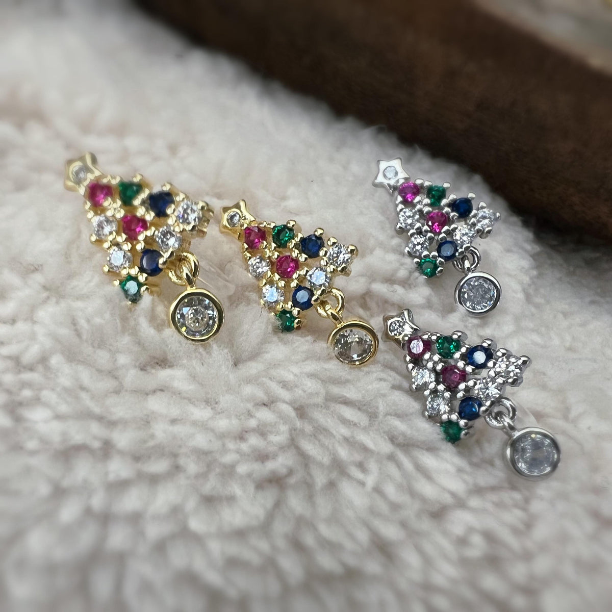 Sapin de Noël 2cm Clips Invisible Or/ Argent ornées de strass colorés rouge vert bleu Boucles d'oreilles clips Cadeaux Noël Prêt à offrir