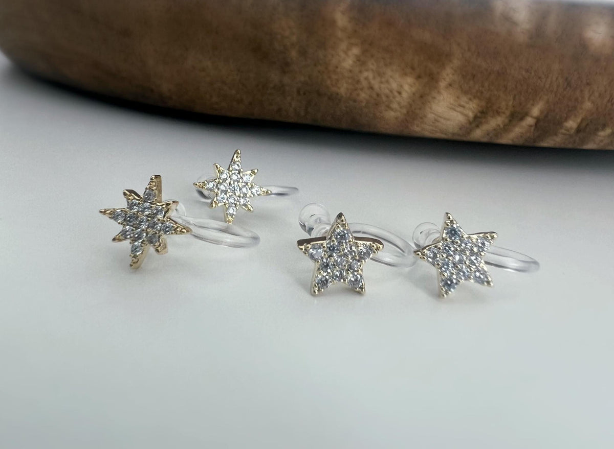 Mini étoile clips d'oreilles résine invisible. étoile or zircon Pentacle et étoile or à huit branches Boucles d'oreille clips confortable