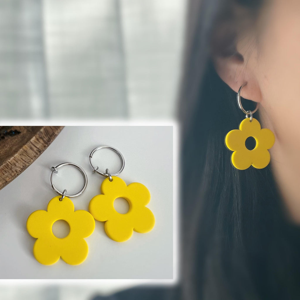 Sweet. 2 en 1 Clips Créole 18mm argent avec grande fleurs jaune fluo Boucles d'oreilles clips créole anneaux