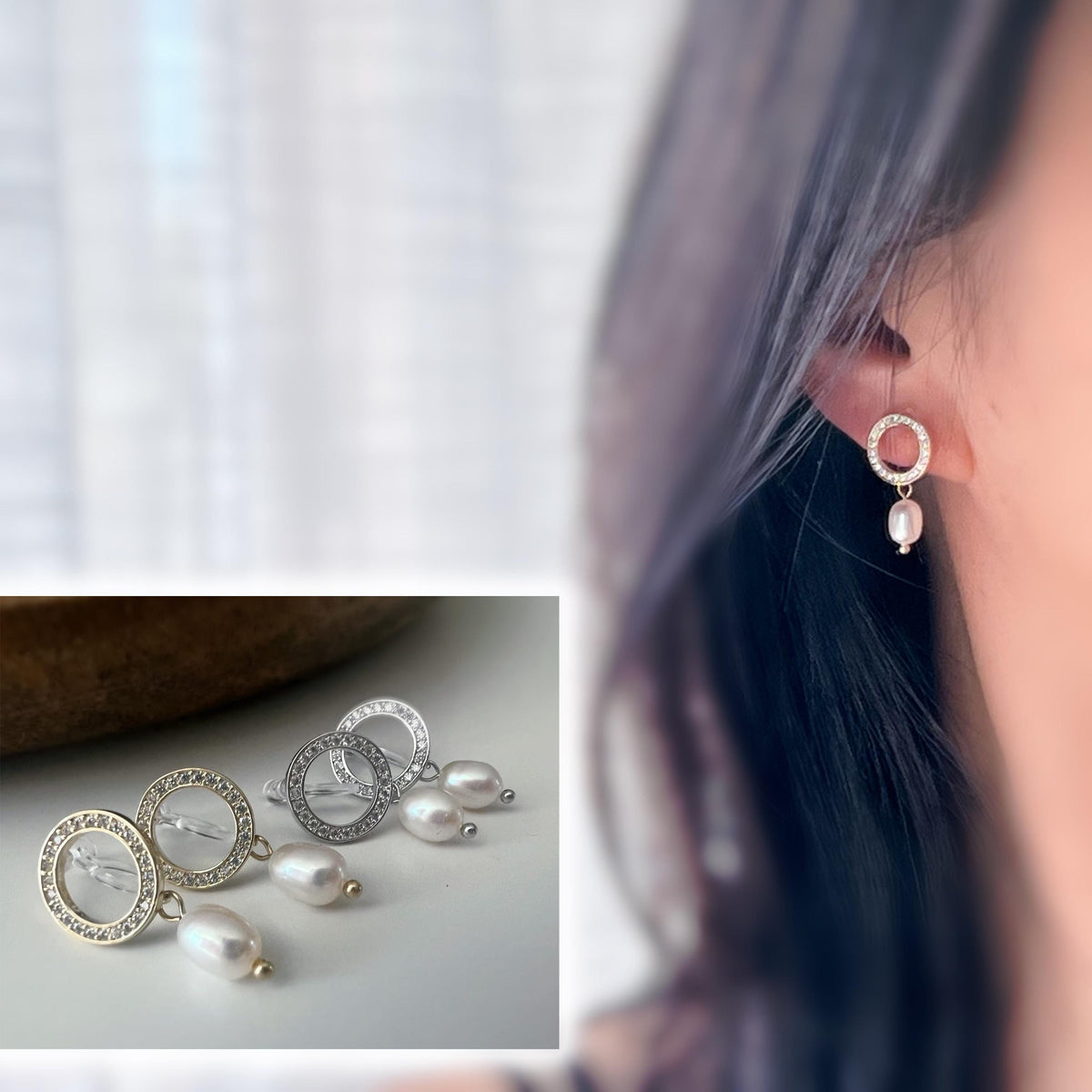 Clips d'oreilles Cercles Zircon Perle d'eau douce naturelle blanche Couleur Or/ Argent. CLIPS Invisible pendantes confortable.
