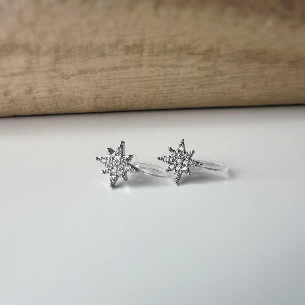 Mini étoile Argent clips d'oreilles résine invisible, étoile zircon Pentacle et étoile à huit branches Boucles d'oreille clips confortable