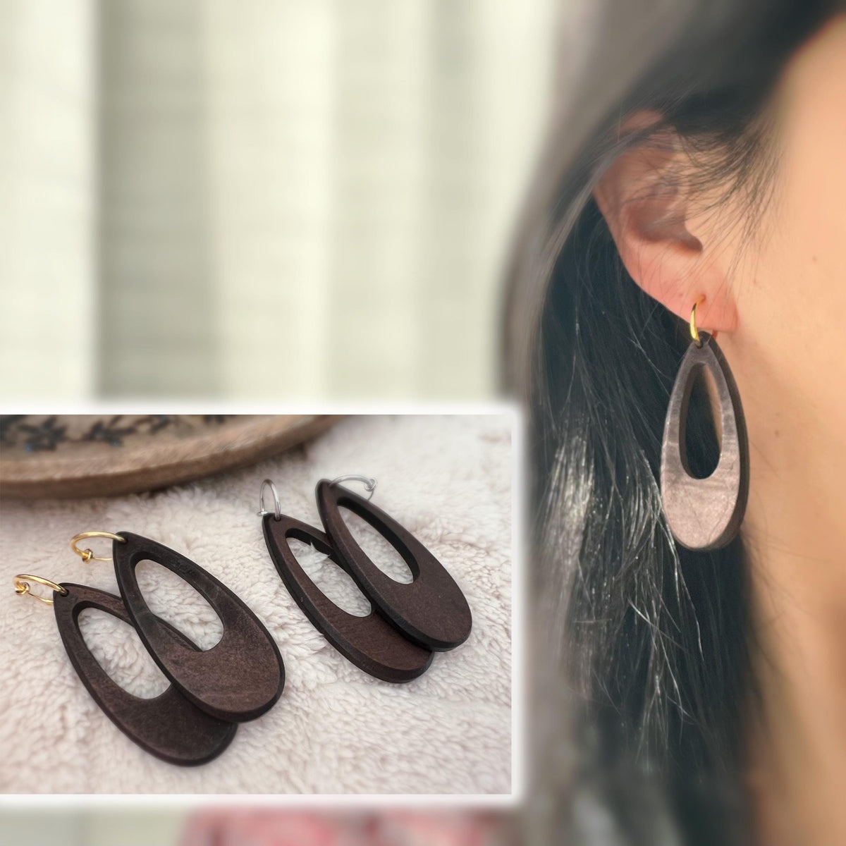 2 EN 1 Clips d’oreilles Créoles 15mm Or/Argent, Ovales en bois, design ajouré, légères et élégantes. Idéal pour un style naturel et chic.