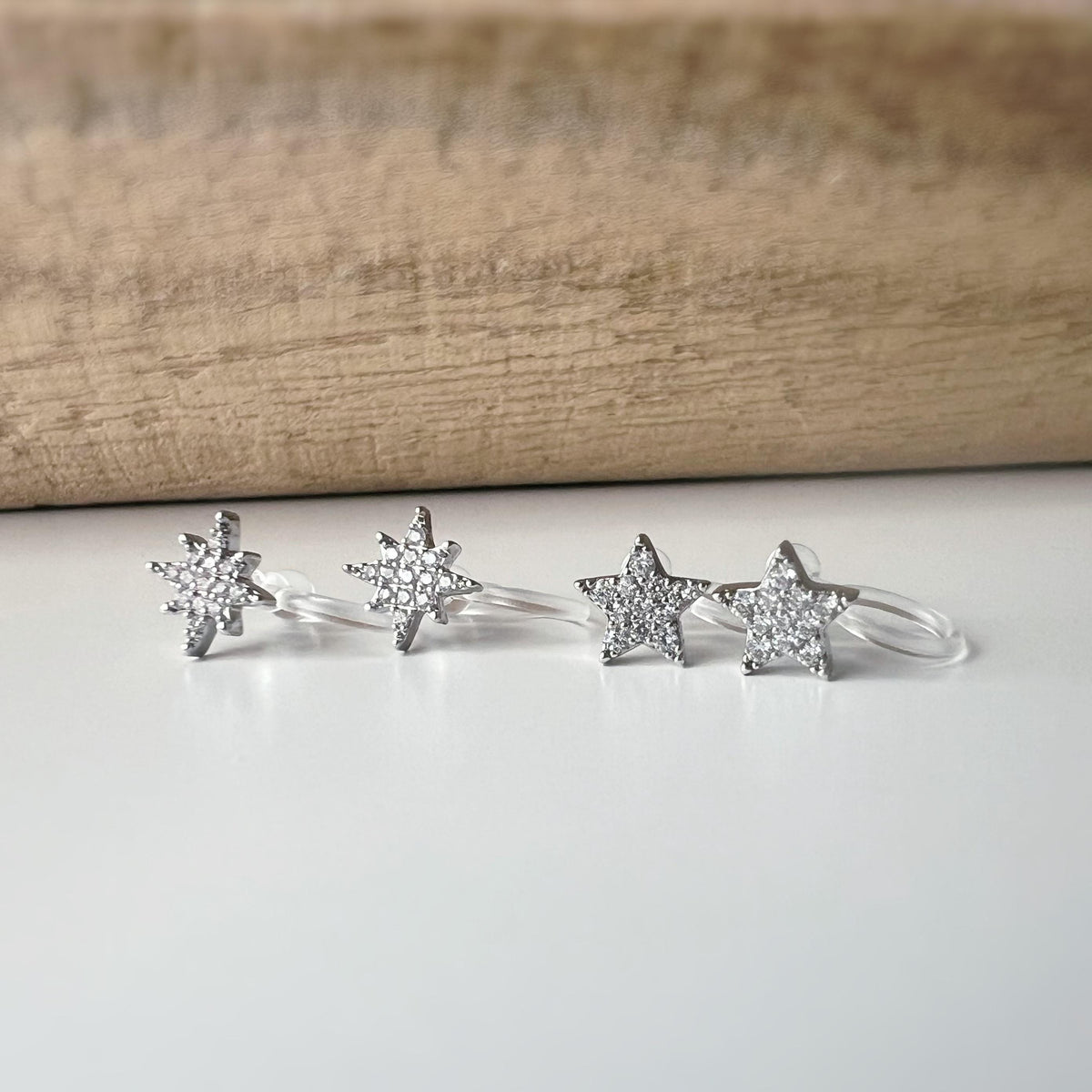 Mini étoile Argent clips d'oreilles résine invisible, étoile zircon Pentacle et étoile à huit branches Boucles d'oreille clips confortable