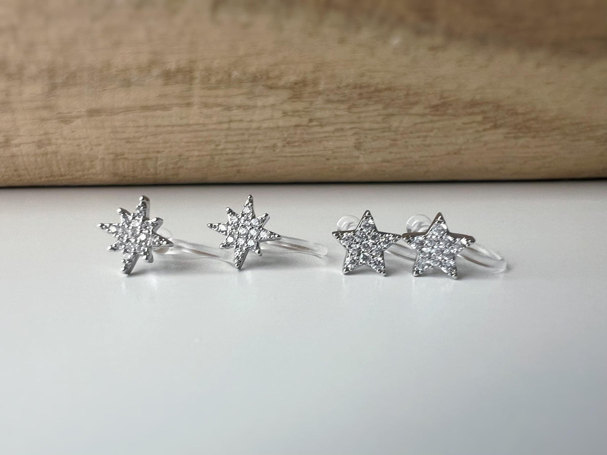 Mini étoile Argent clips d'oreilles résine invisible, étoile zircon Pentacle et étoile à huit branches Boucles d'oreille clips confortable