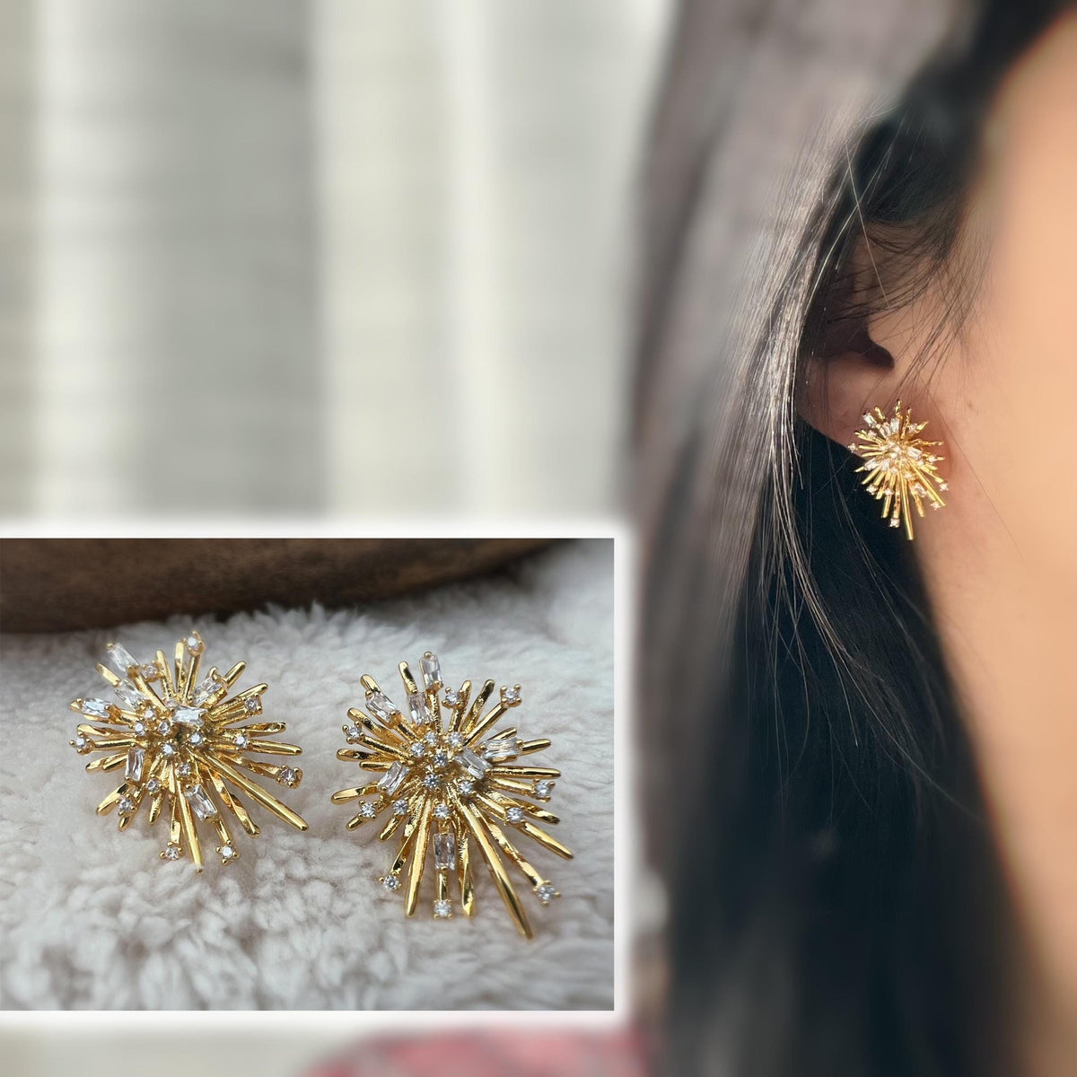 Clips d'oreilles dorés en forme de rayons lumineux, sertis de cristaux étincelants. Une touche glamour idéale pour sublimer vos tenues.