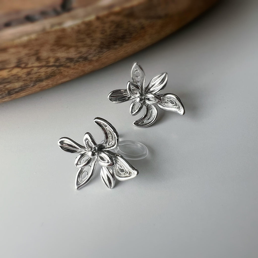 Boucles d'oreilles clip fleur argentée, au design ajouré raffiné. Légères et confortables, parfaites pour sublimer vos looks sans perçage.