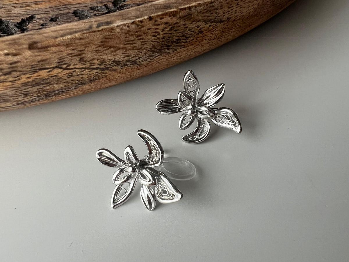 Boucles d'oreilles clip fleur argentée, au design ajouré raffiné. Légères et confortables, parfaites pour sublimer vos looks sans perçage.