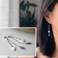 Boucles d'oreilles clip élégantes Chaîne argentée Perles violettes Fleur blanche en nacre Légères raffinées parfait pour style délicat chic.