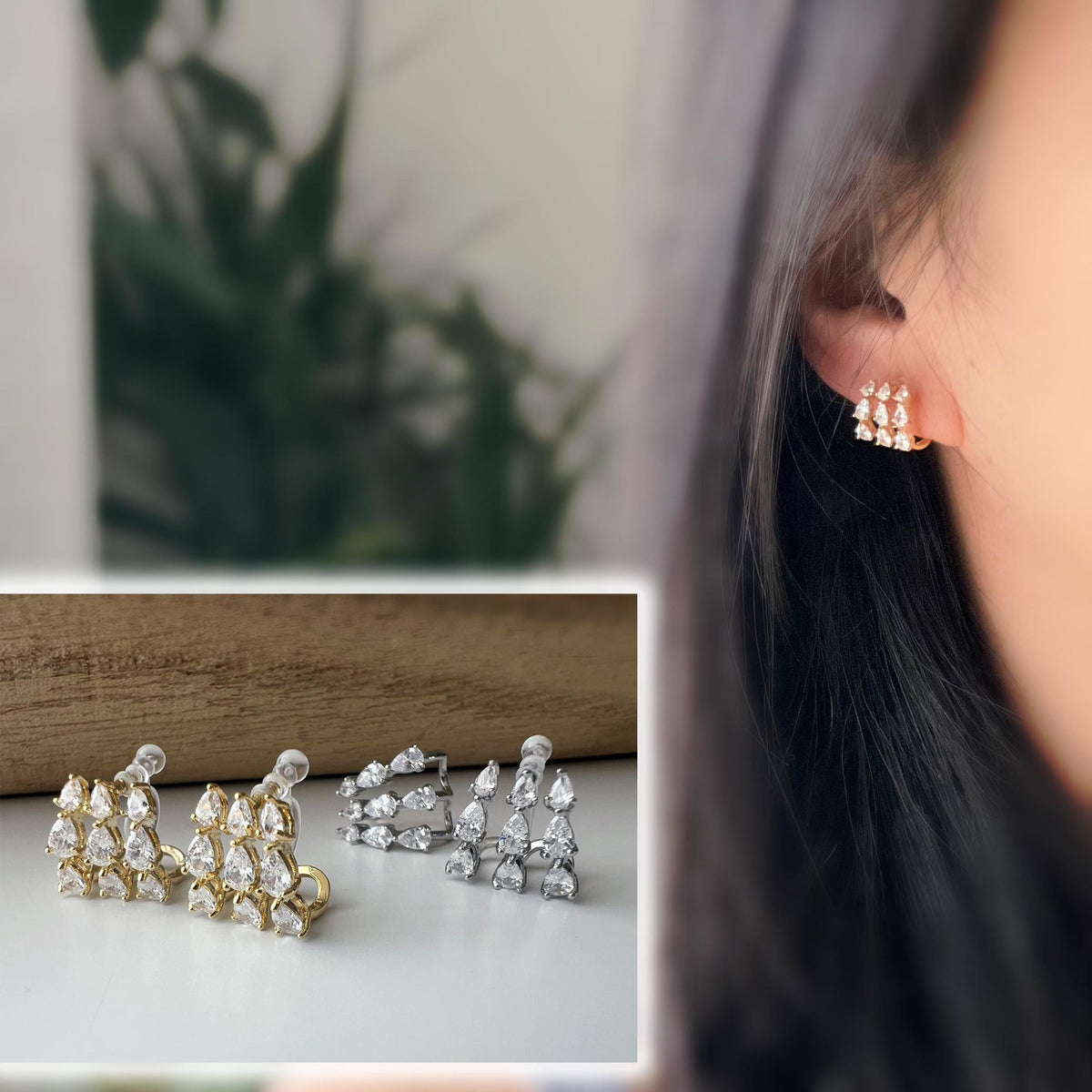 Boucles d'oreilles clips élégantes en zircon en forme de gouttes Or / Argent. Un design raffiné pour une touche de glamour et d'éclat.