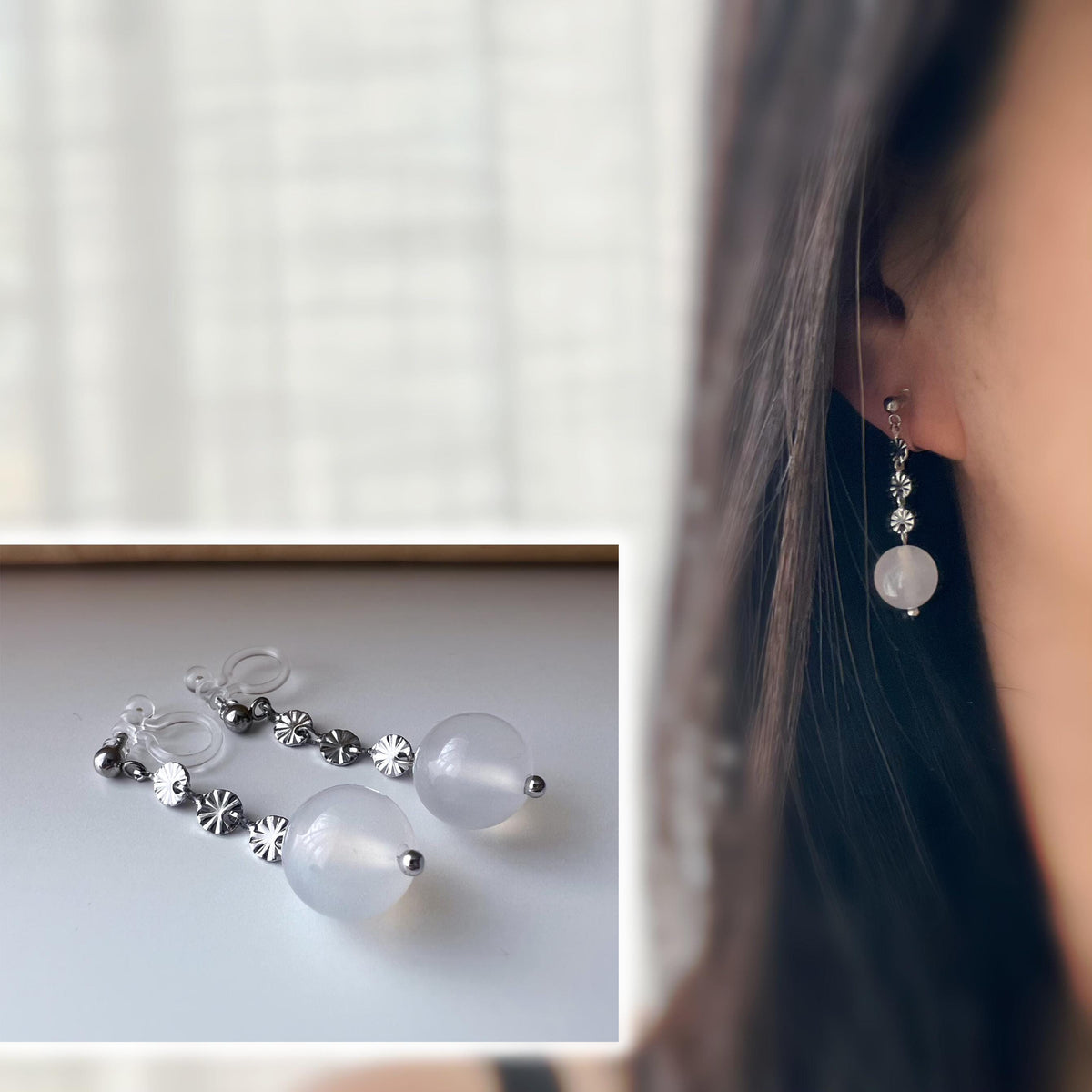 Boucles d'oreilles clip élégantes avec perles rondes en agate blanc chaîne argentés floraux Idéales pour une touche raffinée et intemporelle