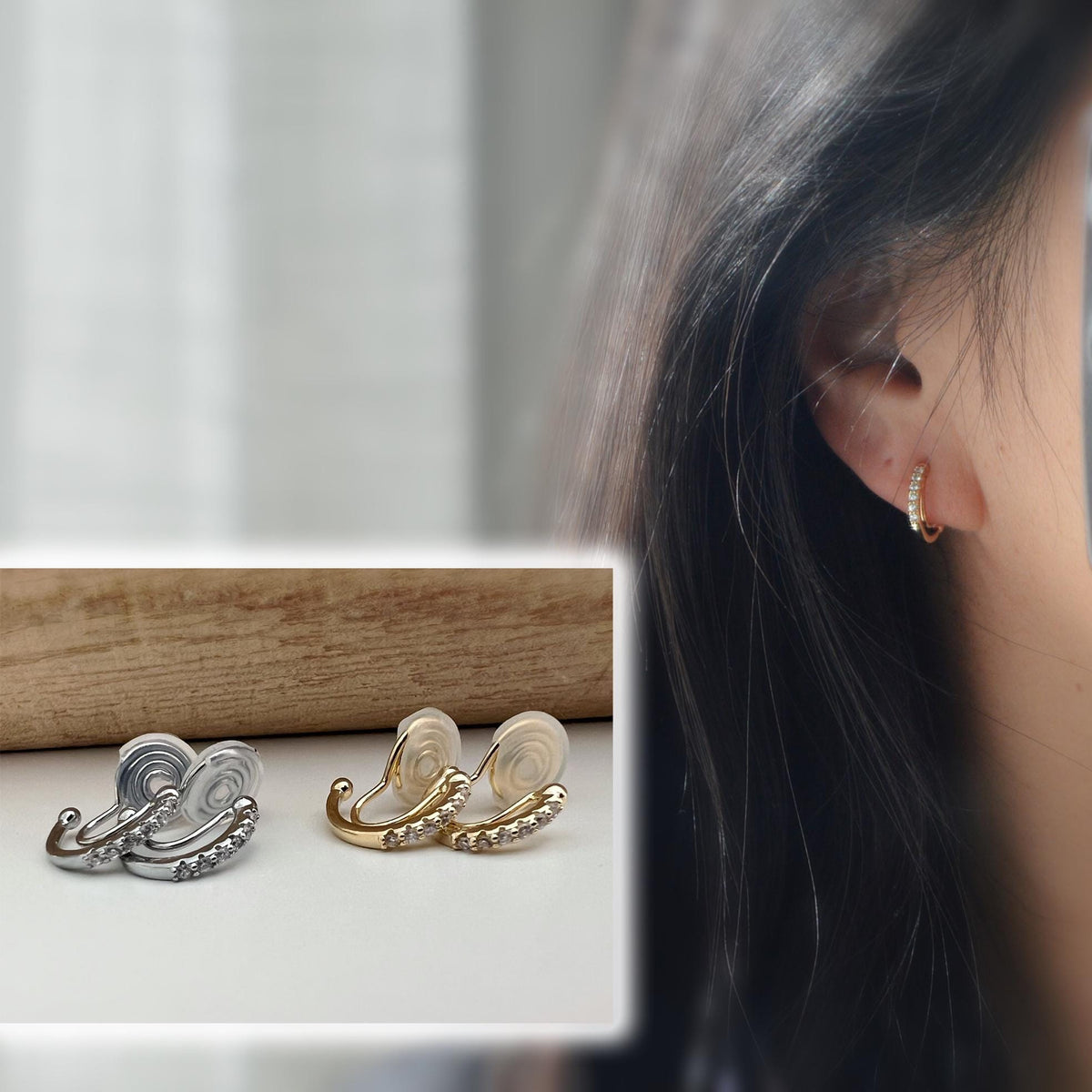 SANS DOULEUR ! Boucles d'oreilles CLIPS U spirale Demi-cercle Mini Pierres Zircon Rond plaqué d'Or. Clips d'oreilles confortable.