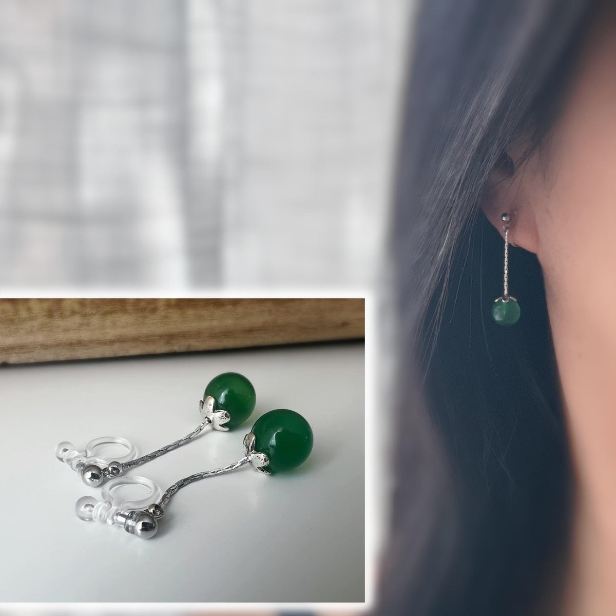Boucles d’oreilles clip en argent avec perles vert jade foncé, élégantes et légères, parfaites pour oreilles non percées.
