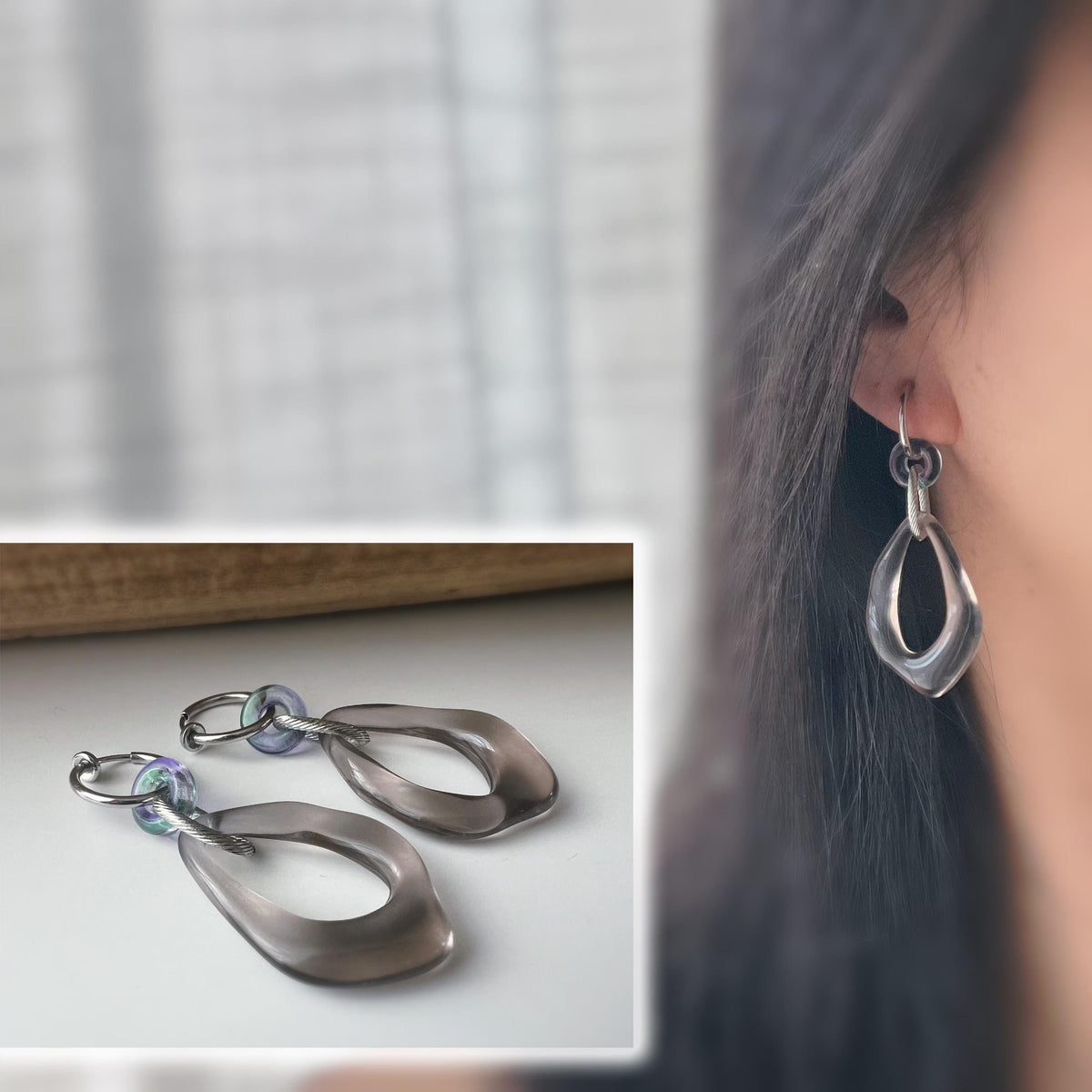 2 EN 1 Clips d'oreilles Anneaux Petit Donut en verre bleu nuit Grand Losange Acétate Vert transparent. Créoles Clips 15mm Argent.
