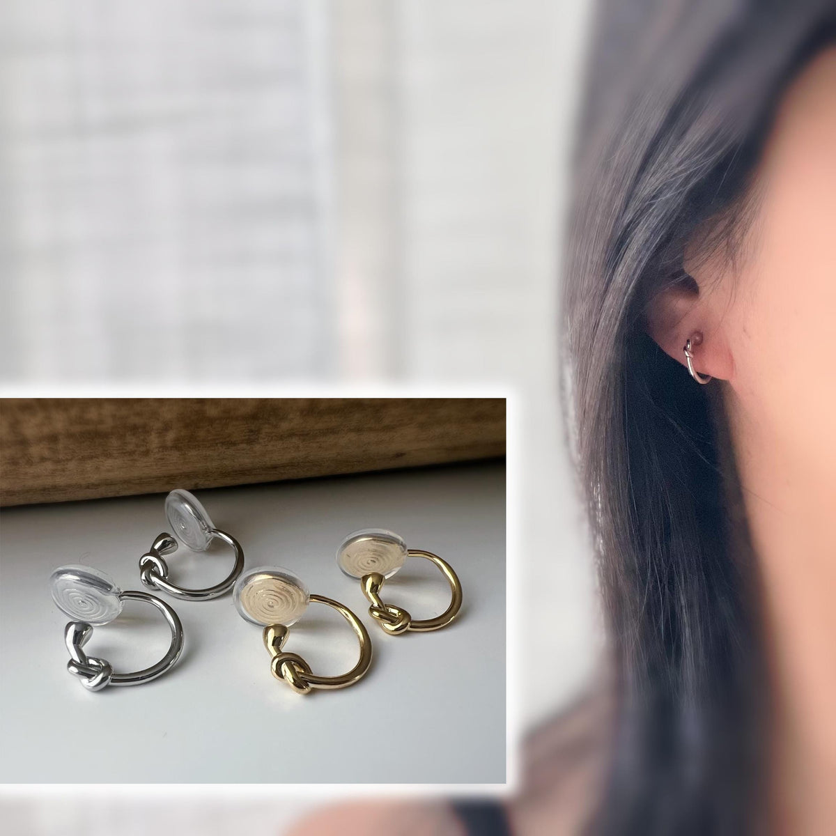 Créoles à clip minimalistes en argent ou doré, design noué élégant et discret, parfaites pour un style raffiné sans perçage d’oreilles.
