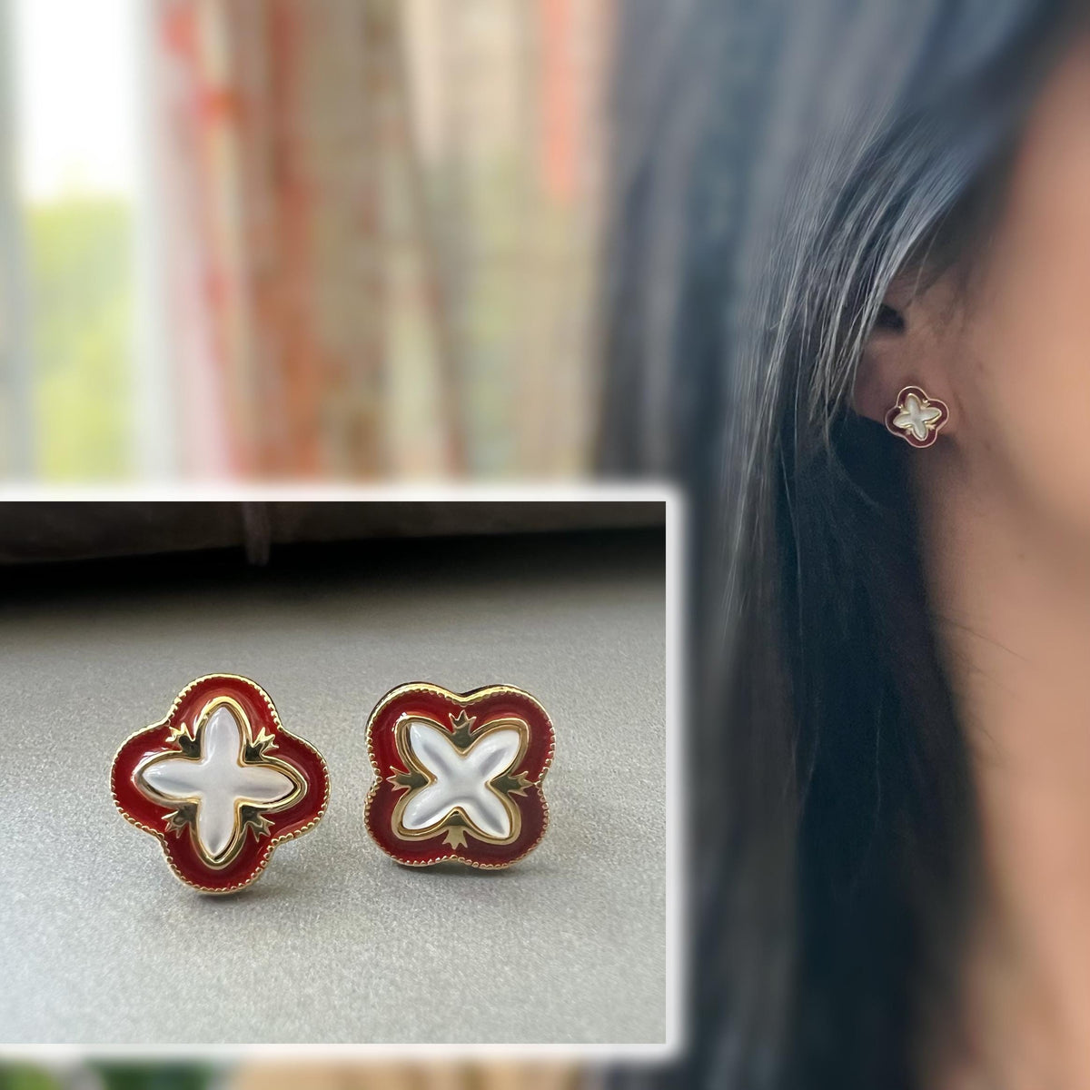 Clips d’oreilles invisibles trèfle à 4 feuilles rouge et doré en nacre blanche – porte-bonheur