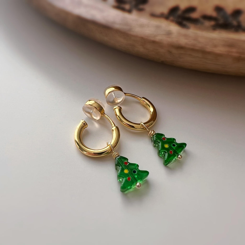 Boucles d’oreilles CLIPS sapin de Noël amovible, Créoles or/argent sans perçage – pendentif interchangeable, confortables et festives