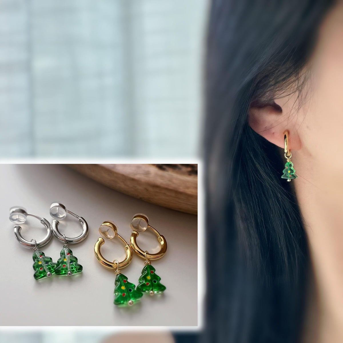 Boucles d’oreilles CLIPS sapin de Noël amovible, Créoles or/argent sans perçage – pendentif interchangeable, confortables et festives