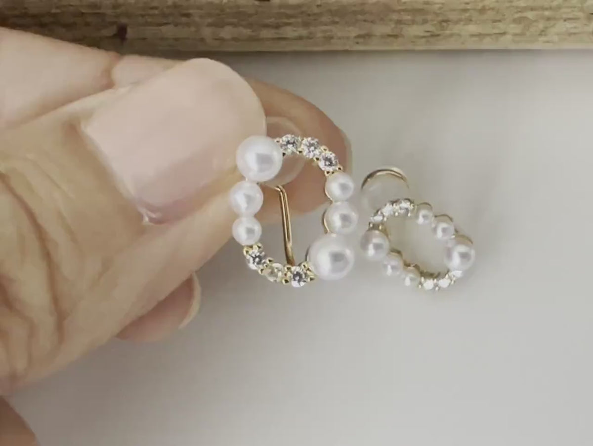 PAINLESS ! CLIPS U earrings gold plated Oval mini white pearls and zircon. Comfortable Delicate Ear Clips