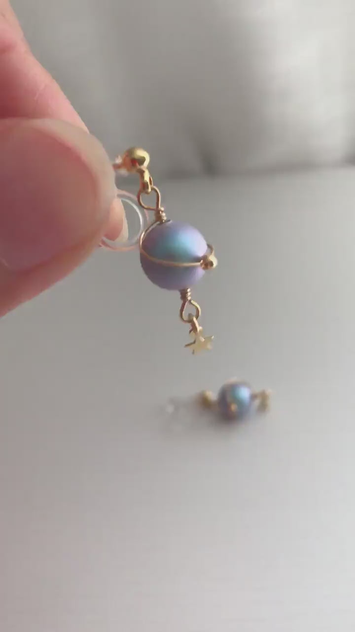 Mini star ear clips, Blue planet. CLIPS Invisible Blue Violet Beads, delicate comfortable daily