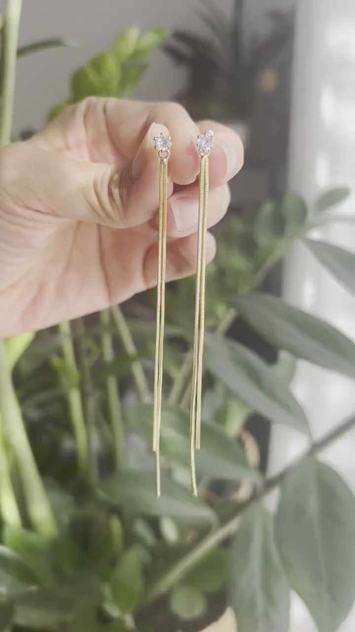 Super long INVISIBLE clip earrings, Double gold chain ear clips with round Zircon clips. Minimalist Jewelry.